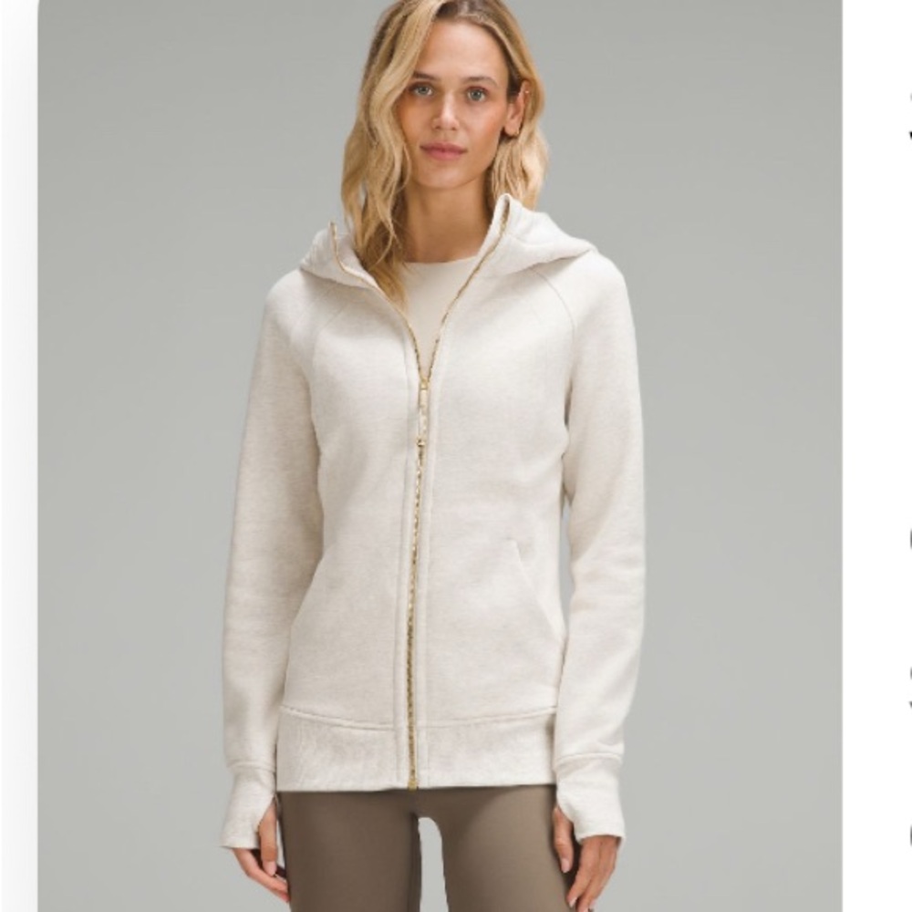 Lululemon heathered bone full zip Scuba Hoodie with Gold Logo/zipper. Sz. 14